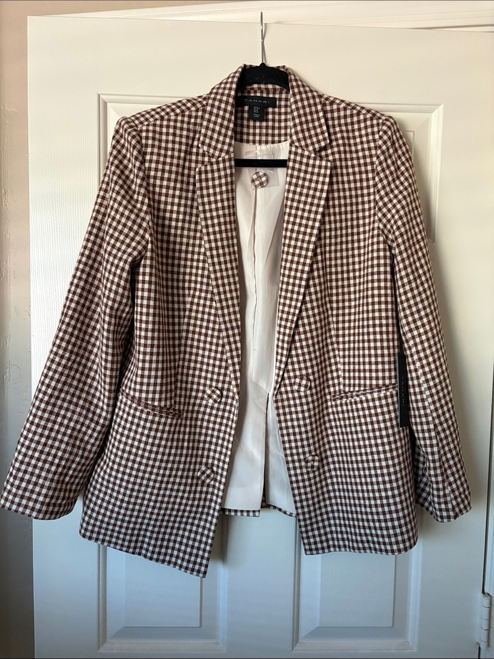 Tahari Brown and White Gingham Blazer